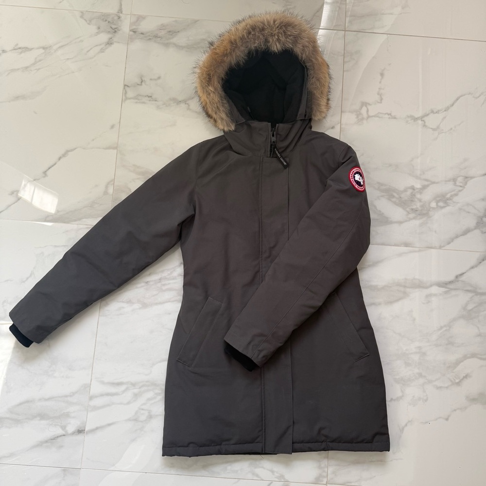 Canada Goose Victoria Parka in Graphite, with Red Logo Patch